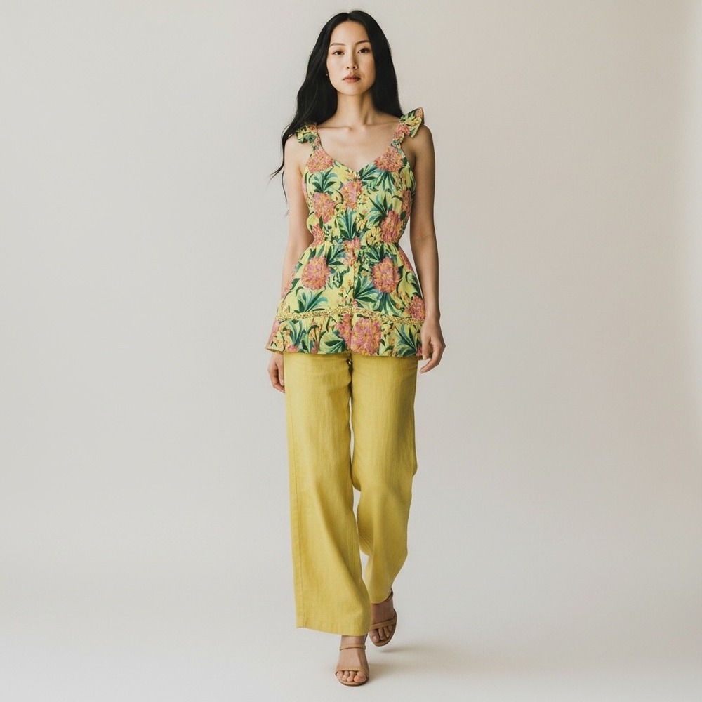 Farm Rio Anthropologie Top M Yellow Floral Peplum Ruffle Tropical NWT $138